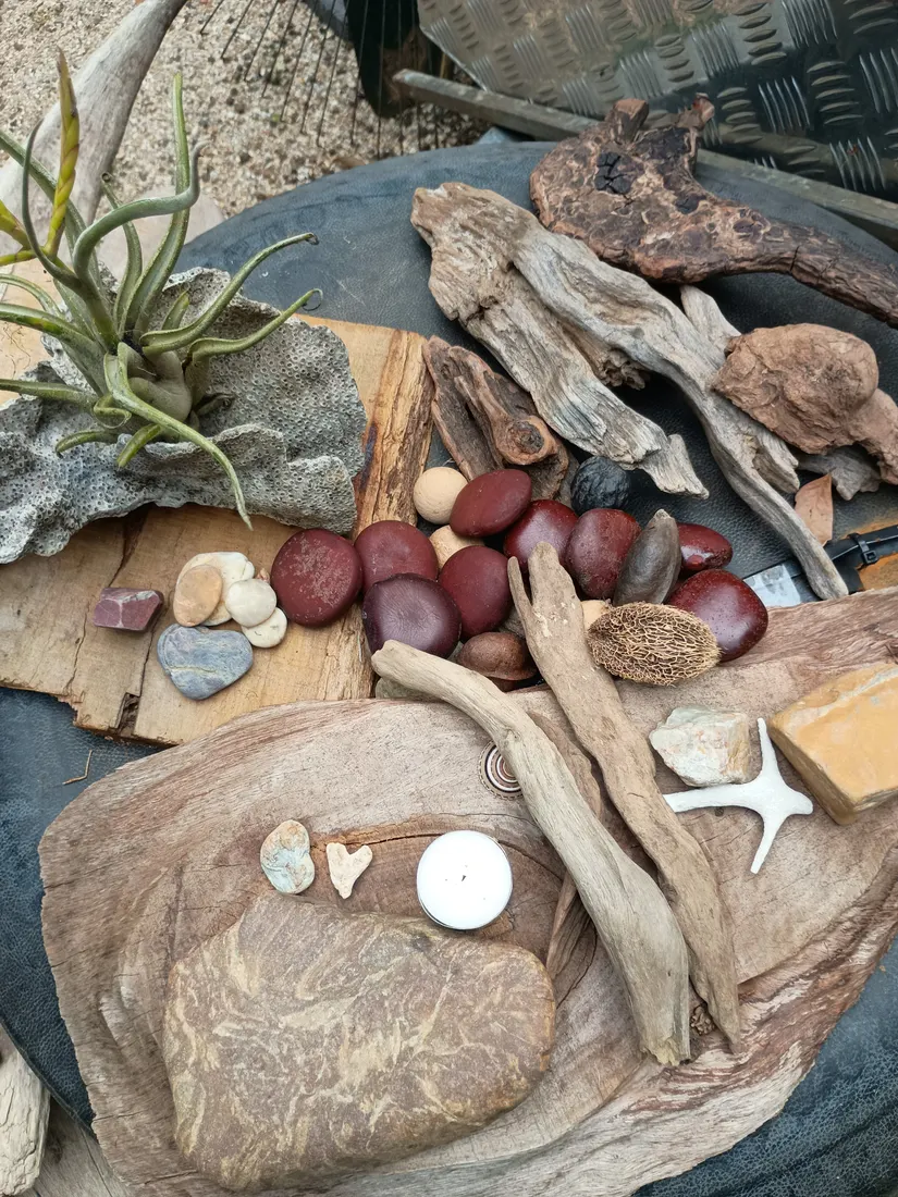 Driftwood pieces, red burnie seeds, coral and creek stones gathered on Melinda's work table